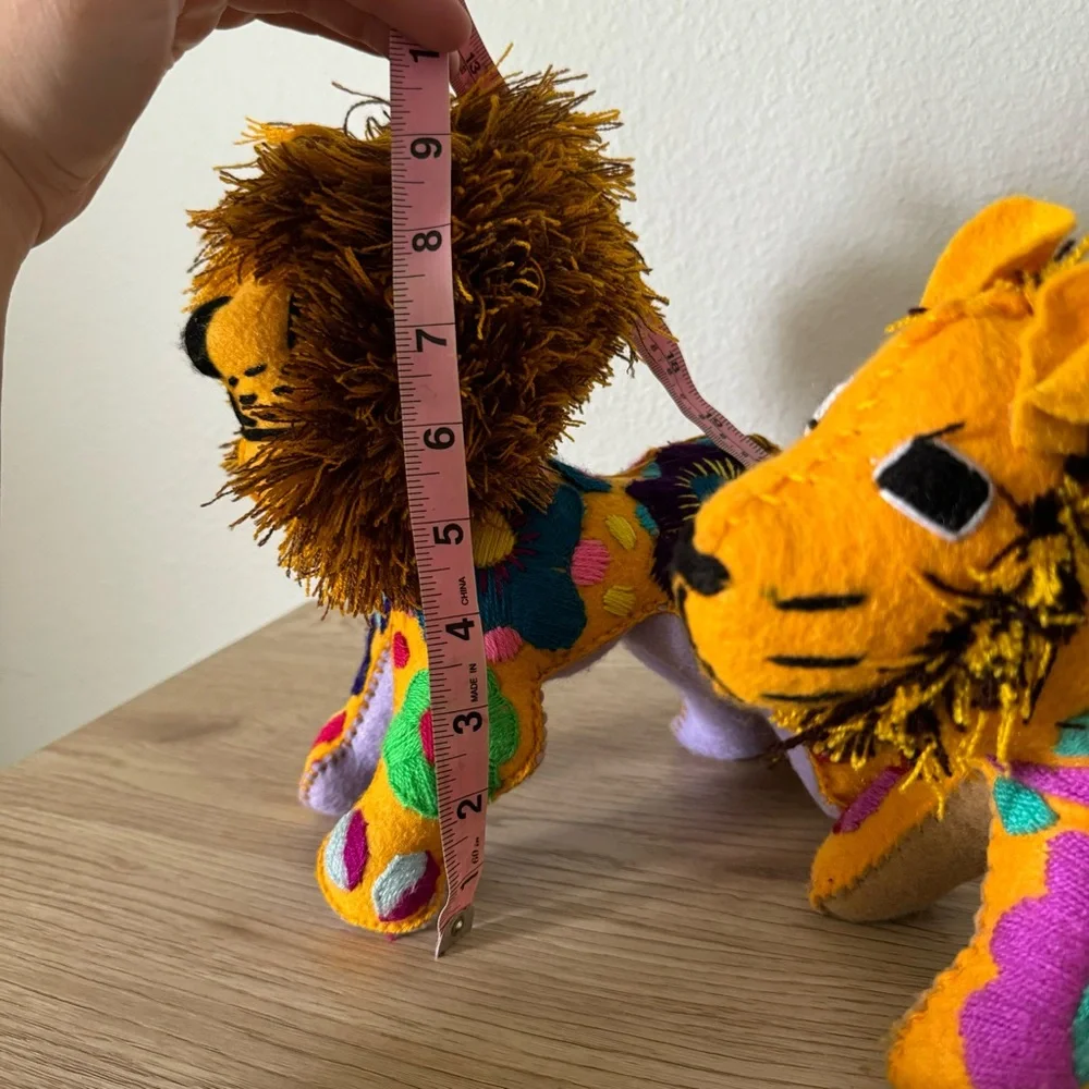 Mexican Folk Art Handmade Lion &‎ Cub Colorful Stuffed Animals Embroidered Plush